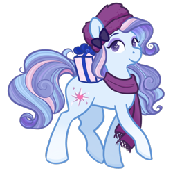 Size: 500x498 | Tagged: safe, artist:howdyhorsey, derpibooru import, earth pony, pony, g3, accessories, blue coat, blue mane, clothes, curly hair, curly mane, cutie mark, eyeshadow, fanart, female, fur hat, hat, looking at you, makeup, mare, multicolored hair, multicolored mane, pink mane, present, purple eyes, purple mane, raised hoof, raised leg, scarf, simple background, smiling, smiling at you, solo, transparent background, velvet bow, winter outfit