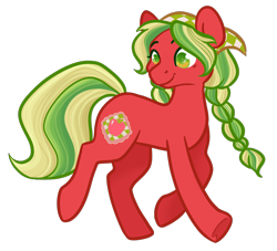 Size: 1280x1164 | Tagged: safe, artist:howdyhorsey, derpibooru import, applejack (g3), earth pony, pony, g3, bandana, blonde, blonde mane, braid, clothes, fanart, female, gradient eyes, green eyes, green mane, headscarf, looking to side, looking to the left, mare, multicolored mane, red coat, scarf, simple background, smiling, solo, transparent background, walking