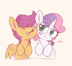 Size: 1486x1358 | Tagged: safe, artist:kqaii, derpibooru import, scootaloo, sweetie belle, pegasus, pony, unicorn, :3, blush sticker, blushing, eye clipping through hair, eyes closed, female, kiss on the cheek, kissing, lesbian, lidded eyes, scootabelle, shipping, smiling, spread wings, unf, wings