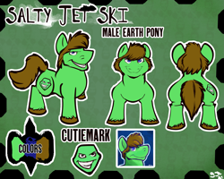 Size: 3545x2836 | Tagged: safe, artist:sjru st, derpibooru import, oc, oc only, oc:salty jet ski, earth pony, blue eyes, brown mane, cutie mark, earth pony oc, green background, male, rear view, reference sheet, simple background, smiling, solo, stallion, tail, text