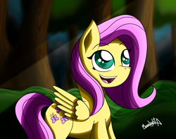 Size: 3300x2600 | Tagged: safe, artist:moonlightatlm, derpibooru import, fluttershy, pegasus, pony, female, forest, mare, open mouth, open smile, signature, smiling, solo