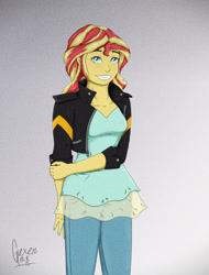 Size: 2320x3057 | Tagged: safe, artist:gexen-n8, derpibooru import, sunset shimmer, equestria girls, clothes, female, gradient background, smiling, solo