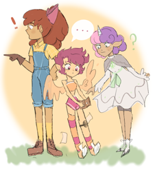 Size: 2656x2971 | Tagged: safe, artist:charrlll, derpibooru import, apple bloom, scootaloo, sweetie belle, human, pegasus, unicorn, ..., cutie mark crusaders, female, height difference, horn, horned humanization, humanized, trio, trio female, winged humanization, wings