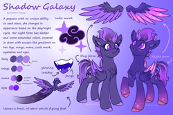 Size: 4500x3000 | Tagged: safe, artist:shad0w-galaxy, derpibooru import, oc, oc only, oc:shadow galaxy, pegasus, pony, alternate design, chest fluff, colored wings, cute, cutie mark, ear fluff, ears, ethereal mane, fangs, female, flight trail, floating wings, flying, folded wings, gradient background, gradient hooves, gradient mane, gradient tail, gradient wings, high res, hooves, mare, multeity, multicolored hair, open mouth, purple eyes, raised hoof, raised leg, reference sheet, smiling, solo, speed trail, spread wings, starry eyes, starry mane, starry wings, tail, text, unshorn fetlocks, wingding eyes, wings
