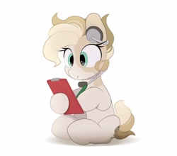 Size: 2500x2200 | Tagged: safe, artist:mochi_nation, derpibooru import, oc, oc only, oc:melt cookie, earth pony, pony, clipboard, dexterous hooves, earpiece, female, hoof hold, magnetic hooves, mare, pen, simple background, sitting, solo, white background
