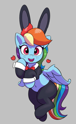 Size: 735x1204 | Tagged: safe, artist:pabbley, derpibooru import, rainbow dash, pegasus, pony, aggie.io, bow, bunny ears, bunny suit, clothes, cute, dashabetes, female, flying, heart, looking at you, mare, open mouth, reverse bunny suit, simple background, smiling, socks, spread wings, stockings, thigh highs, wings