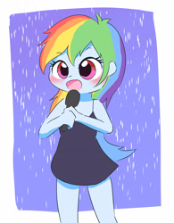Size: 2697x3455 | Tagged: safe, artist:leo19969525, derpibooru import, rainbow dash, equestria girls, bare shoulders, black dress, blushing, clothes, commission, commissioner:ajnrules, cute, dashabetes, dress, eyebrows, eyebrows visible through hair, female, little black dress, microphone, open mouth, rain, rainbow dash always dresses in style, simple background, singing, singing in the rain, sleeveless, solo, standing