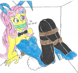 Size: 1680x1576 | Tagged: safe, artist:godzilla713, derpibooru import, fluttershy, equestria girls, bondage, bound and gagged, breasts, bunny ears, bunny suit, cleavage, cloth gag, clothes, crate, gag, solo, tied up, traditional art