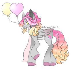 Size: 1280x1280 | Tagged: safe, artist:lilywolfpie-yt, derpibooru import, oc, oc:wind cyclone, pegasus, pony, balloon, female, heart balloon, mare, simple background, solo, transparent background