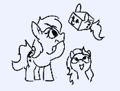 Size: 174x133 | Tagged: safe, ponerpics import, derpy hooves, oc, oc:anon filly, earth pony, pony, aggie.io, female, filly, foal, looking up, lowres, mare, monochrome, open mouth, raised hoof, raised leg, simple background, smiling