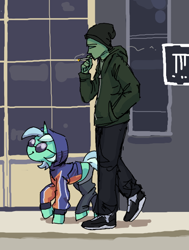 Size: 496x656 | Tagged: safe, artist:plunger, ponerpics import, lyra heartstrings, oc, oc:anon, human, pony, unicorn, beanie, cigarette, clothes, drawthread, duo, female, glasses, hat, holding, hoodie, male, mare, smiling, smoking, walking
