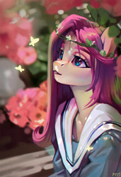 Size: 2845x4161 | Tagged: safe, artist:annna markarova, derpibooru import, fluttershy, anthro, butterfly, pegasus, beautiful, bust, clothes, female, floral head wreath, flower, high res, looking at something, looking up, mare, outdoors, portrait, sailor uniform, school uniform, solo, stray strand, three quarter view, uniform, vertical