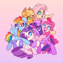 Size: 4000x4000 | Tagged: safe, artist:cocopudu, derpibooru import, applejack, fluttershy, pinkie pie, rainbow dash, rarity, twilight sparkle, twilight sparkle (alicorn), alicorn, earth pony, pegasus, pony, unicorn, absurd resolution, eye clipping through hair, eyebrows, eyebrows visible through hair, female, gradient background, group, group hug, hug, looking at you, mane six, mare, one eye closed, open mouth, open smile, signature, smiling, smiling at you, spread wings, white pupils, wings, wink, winking at you