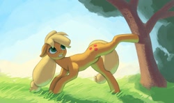 Size: 1958x1160 | Tagged: safe, artist:escdev, derpibooru import, applejack, earth pony, pony, applebucking, ears, floppy ears, hatless, missing accessory, solo