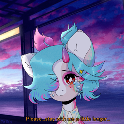 Size: 1920x1920 | Tagged: safe, artist:chukcha, derpibooru import, oc, oc only, pony, caption, clothes, commission, crying, ear fluff, ears, female, hair over one eye, horn, looking at you, mare, solo, teary eyes, text