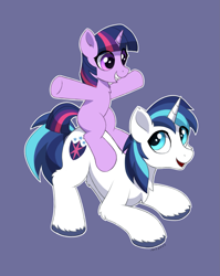 Size: 1599x2005 | Tagged: safe, artist:mercurysparkle, derpibooru import, shining armor, twilight sparkle, unicorn twilight, pony, unicorn, bbbff, blank flank, brother and sister, colt, colt shining armor, cute, female, filly, filly twilight sparkle, foal, grin, male, open mouth, open smile, ponies riding ponies, purple background, raised hoof, raised leg, riding, shining adorable, siblings, simple background, smiling, stallion, twiabetes, unshorn fetlocks, white outline, younger