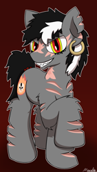 Size: 2160x3840 | Tagged: safe, artist:monycaalot, derpibooru import, oc, oc only, oc:diablo alias cartaphilus, demon, earth pony, abstract background, ear piercing, earring, earth pony oc, full body, jewelry, looking at you, male, piercing, scar, smiling, smiling at you, solo