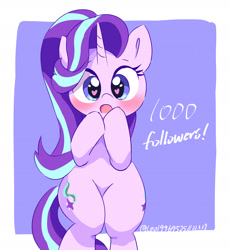 Size: 2176x2379 | Tagged: safe, artist:leo19969525, derpibooru import, starlight glimmer, pony, unicorn, 1000 followers, bipedal, blushing, both cutie marks, cute, featureless crotch, female, followers, glimmerbetes, heart eyes, high res, hoof over mouth, looking at you, mare, open mouth, signature, simple background, solo, thighs, wingding eyes