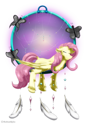 Size: 2317x3255 | Tagged: safe, artist:thebenalpha, derpibooru import, fluttershy, butterfly, pegasus, pony, chest fluff, dreamcatcher, ear fluff, ears, eyes closed, feather, floppy ears, simple background, sleeping, solo, transparent background, unshorn fetlocks