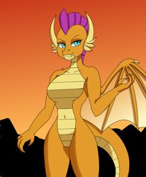 Size: 1400x1700 | Tagged: safe, artist:zachc, derpibooru import, smolder, anthro, dragon, claws, female, smiling, solo, wings