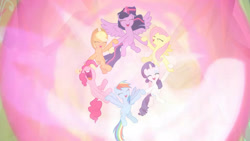 Size: 3410x1920 | Tagged: safe, derpibooru import, screencap, applejack, fluttershy, pinkie pie, rainbow dash, rarity, twilight sparkle, twilight sparkle (alicorn), alicorn, earth pony, pegasus, pony, unicorn, season 9, the beginning of the end, applejack's hat, clothes, cowboy hat, eyes closed, female, hat, magic, mane six, mare, nose in the air, open mouth, open smile, smiling, spread wings, telekinesis, uvula, volumetric mouth, wings