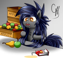 Size: 1568x1449 | Tagged: artist needed, source needed, safe, derpibooru import, oc, oc:echo, bat pony, pony, apple, chest fluff, drool, fangs, female, food, juice, juice box, mare, pear, signature, solo