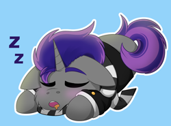 Size: 1422x1050 | Tagged: safe, artist:rokosmith26, derpibooru import, oc, oc only, pony, unicorn, blue background, blushing, cheek fluff, chibi, clothes, commission, cute, ears, eyes closed, floppy ears, horn, lying down, male, open mouth, prone, scarf, simple background, sleeping, solo, stallion, striped scarf, suit, tail, two toned mane, unicorn oc, ych result