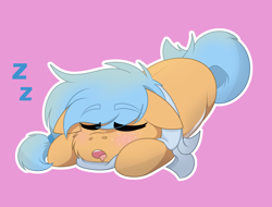 Size: 1656x1256 | Tagged: safe, artist:rokosmith26, derpibooru import, oc, oc only, earth pony, pony, blushing, cheek fluff, chibi, clothes, coat markings, commission, cute, ears, earth pony oc, eyes closed, female, floppy ears, freckles, hairband, lying down, mare, open mouth, pink background, prone, scarf, simple background, sleeping, solo, tail, ych result