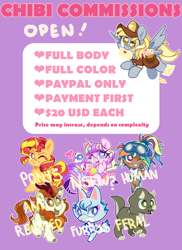 Size: 800x1100 | Tagged: safe, artist:yokokinawa, derpibooru import, autumn blaze, derpy hooves, rainbow dash, sunset shimmer, advertisement, chibi, commission info