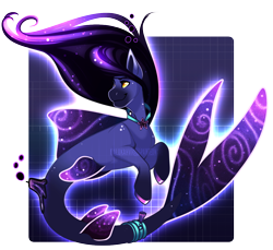 Size: 1200x1097 | Tagged: safe, artist:paintedwave, derpibooru import, oc, oc only, hybrid, merpony, seapony (g4), adoptable, bioluminescent, dorsal fin, fins, fish tail, flowing tail, glowing, jewelry, necklace, orange eyes, purple background, purple mane, simple background, smiling, solo, tail, transparent background