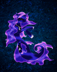 Size: 1200x1500 | Tagged: safe, artist:lisarutherfordium, derpibooru import, princess luna, alicorn, hybrid, merpony, pony, sea pony, seapony (g4), blue background, blue mane, dorsal fin, ethereal mane, female, fins, fish tail, flowing mane, flowing tail, hoof shoes, horn, mare, mermay, ocean, seaponified, seapony luna, simple background, solo, species swap, starry mane, swimming, tail, underwater, water