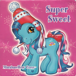 Size: 1080x1080 | Tagged: safe, derpibooru import, earth pony, pony, g3, blue coat, blue mane, bow, brown eyes, caption, clothes, hat, heart, heart hoof, marshmellow cocoa, name tag, official, pattern, pink background, pink mane, pom pom, simple background, snow, snowflake, solo, tail, tail bow, text, toboggan, underhoof, winter outfit