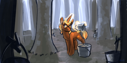 Size: 1920x950 | Tagged: safe, artist:scruffasus, derpibooru import, oc, oc only, oc:firefall, pony, unicorn, bucket, forest, levitation, magic, solo, telekinesis, tree sap