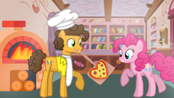Size: 1280x720 | Tagged: safe, artist:mlplary6, derpibooru import, cheese sandwich, pinkie pie, earth pony, pony, cheesepie, chef's hat, female, food, hat, male, mare, meat, pepperoni, pepperoni pizza, pizza, shipping, smiling, stallion, straight