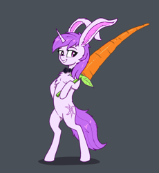 Size: 1877x2041 | Tagged: safe, artist:rosik, artist:xbi, derpibooru import, oc, oc only, oc:lapush buns, bipedal, bowtie, bunny ears, bunnycorn, carrot, food, gray background, male, simple background, solo, stallion