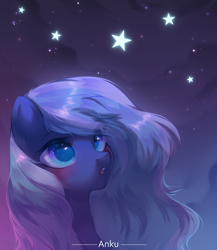 Size: 2000x2300 | Tagged: safe, artist:anku, derpibooru import, oc, oc only, pegasus, pony, blushing, eye clipping through hair, female, gradient background, looking up, mare, open mouth, solo, stars