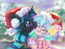 Size: 2185x1650 | Tagged: safe, artist:xi wen, derpibooru import, oc, oc only, oc:楠, pony, unicorn, christmas, clothes, glasses, hat, holiday, muffler, obtrusive watermark, santa hat, scarf, snow, striped scarf, sweethearts, watermark