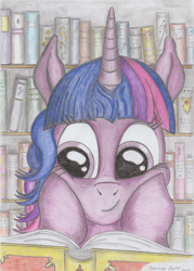 Size: 2480x3464 | Tagged: safe, artist:saturnus sector, derpibooru import, twilight sparkle, pony, unicorn, book, bookshelf, reading, smiling, solo, traditional art