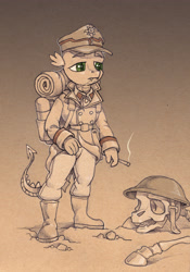 Size: 2759x3949 | Tagged: safe, artist:tass_the_bovine, derpibooru import, spike, dragon, bone, dieselpunk equestria, monochrome, skeleton, smoke, world war i