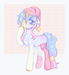 Size: 960x1030 | Tagged: safe, artist:chukcha, derpibooru import, oc, oc only, pony, unicorn, clothes, ears, female, floppy ears, gradient mane, hat, horn, mare, nightcap, socks, solo, stars