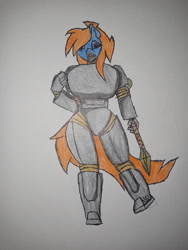 Size: 3120x4160 | Tagged: safe, artist:mental, derpibooru import, oc, oc:mental shock, fallout equestria, alternate universe, armor, power armor, spear, thicc ass, traditional art, weapon