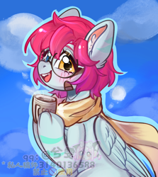 Size: 1000x1120 | Tagged: safe, artist:xi wen, derpibooru import, oc, oc only, oc:奇仔, pegasus, pony, blushing, chocolate, clothes, food, glasses, hot chocolate, scarf, solo