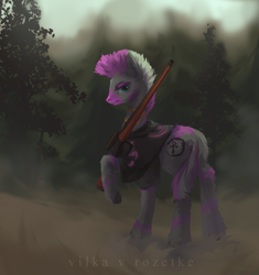 Size: 2480x2640 | Tagged: safe, artist:vilka v rozetke, derpibooru import, oc, oc:chifundo, hybrid, zony, fallout equestria, fallout equestria: dead tree, blue eyes, cloak, clothes, determined look, fog, futa, gun, herm, intersex, mohawk, pink stripes, rifle, shaman, tree, weapon