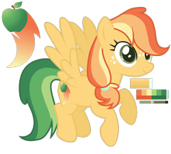 Size: 3000x2700 | Tagged: safe, artist:monochrome-sunsets, derpibooru import, oc, oc only, pegasus, pony, female, flying, freckles, full body, hair tie, high res, hooves, magical lesbian spawn, mare, multicolored mane, multicolored tail, offspring, parent:applejack, parent:rainbow dash, parents:appledash, pegasus oc, reference sheet, show accurate, simple background, smiling, solo, spread wings, tail, transparent background, wings