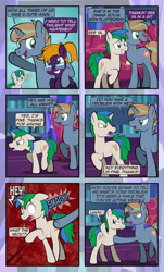 Size: 1920x3169 | Tagged: safe, artist:alexdti, derpibooru import, oc, oc only, oc:brainstorm (alexdti), oc:purple creativity, oc:star logic, pegasus, pony, unicorn, comic:quest for friendship, abuse, angry, comic, dialogue, ears back, eye contact, female, folded wings, frown, glasses, grin, high res, hooves, hooves behind head, horn, looking at each other, looking at someone, looking back, male, mare, motion lines, nervous, nervous grin, onomatopoeia, open mouth, open smile, pegasus oc, ponytail, raised hoof, raised leg, shadow, shrunken pupils, smiling, speech bubble, stallion, standing, tail, twilight's castle, two toned mane, two toned tail, underhoof, unicorn oc, walking, wall of tags, wings, yelling