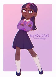 Size: 2368x3247 | Tagged: safe, artist:holidaye, derpibooru import, twilight sparkle, human, clothes, dark skin, female, glasses, headband, humanized, shoes, skirt, socks, solo, sweater