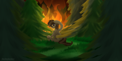 Size: 4096x2048 | Tagged: safe, artist:darbedarmoc, derpibooru import, earth pony, pony, fear, fire, forest, night, solo