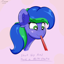 Size: 2700x2700 | Tagged: safe, artist:astrum, derpibooru import, oc, oc only, oc:felicity stars, pegasus, pony, cute, digital art, drinking, drinking straw, happy, head only, looking down, smiling, solo, straw, text