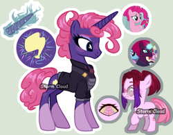 Size: 1024x798 | Tagged: safe, artist:stormcloud-yt, derpibooru import, pinkie pie, tempest shadow, oc, pony, unicorn, the ending of the end, the last problem, base used, broken horn, clothes, coat markings, eyelashes, female, filly, foal, glowing, glowing horn, horn, magical lesbian spawn, mare, offspring, parent:pinkie pie, parent:tempest shadow, parents:tempestpie, screencap reference, simple background, socks (coat marking)