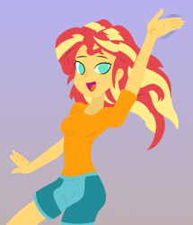 Size: 4061x4733 | Tagged: safe, artist:egor418, derpibooru import, sunset shimmer, equestria girls, clothes, female, gradient background, lineless, shorts, simple background, solo, solo female, waving